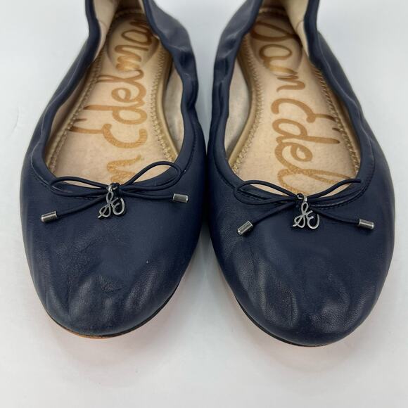 EUC Sam Edelman 8 Felicia Navy Blue Leather Bow Charm Ballet Flats Shoes Elastic - Picture 3 of 11